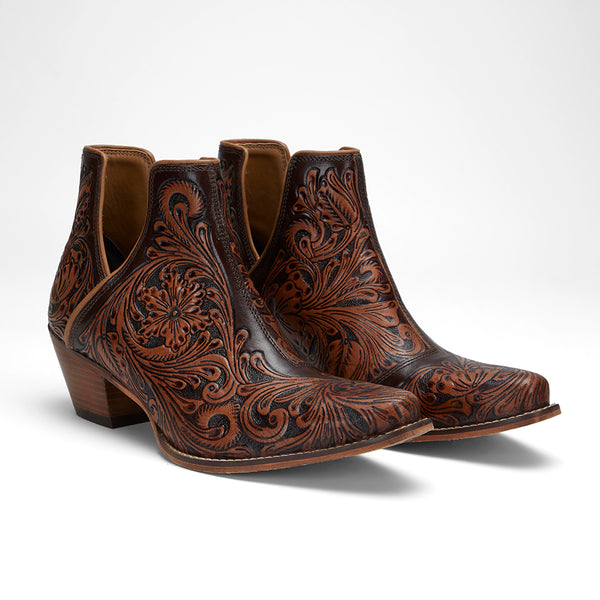 LOYAL WEST X MYRA Handtooled Booties - Tan - Myra USA