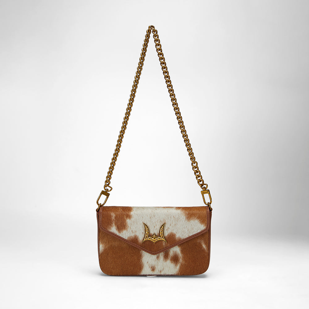 Loyal West The LW On The Go Mini Chain Bag- In Brown & white Cowhide and calfskin - Myra USA