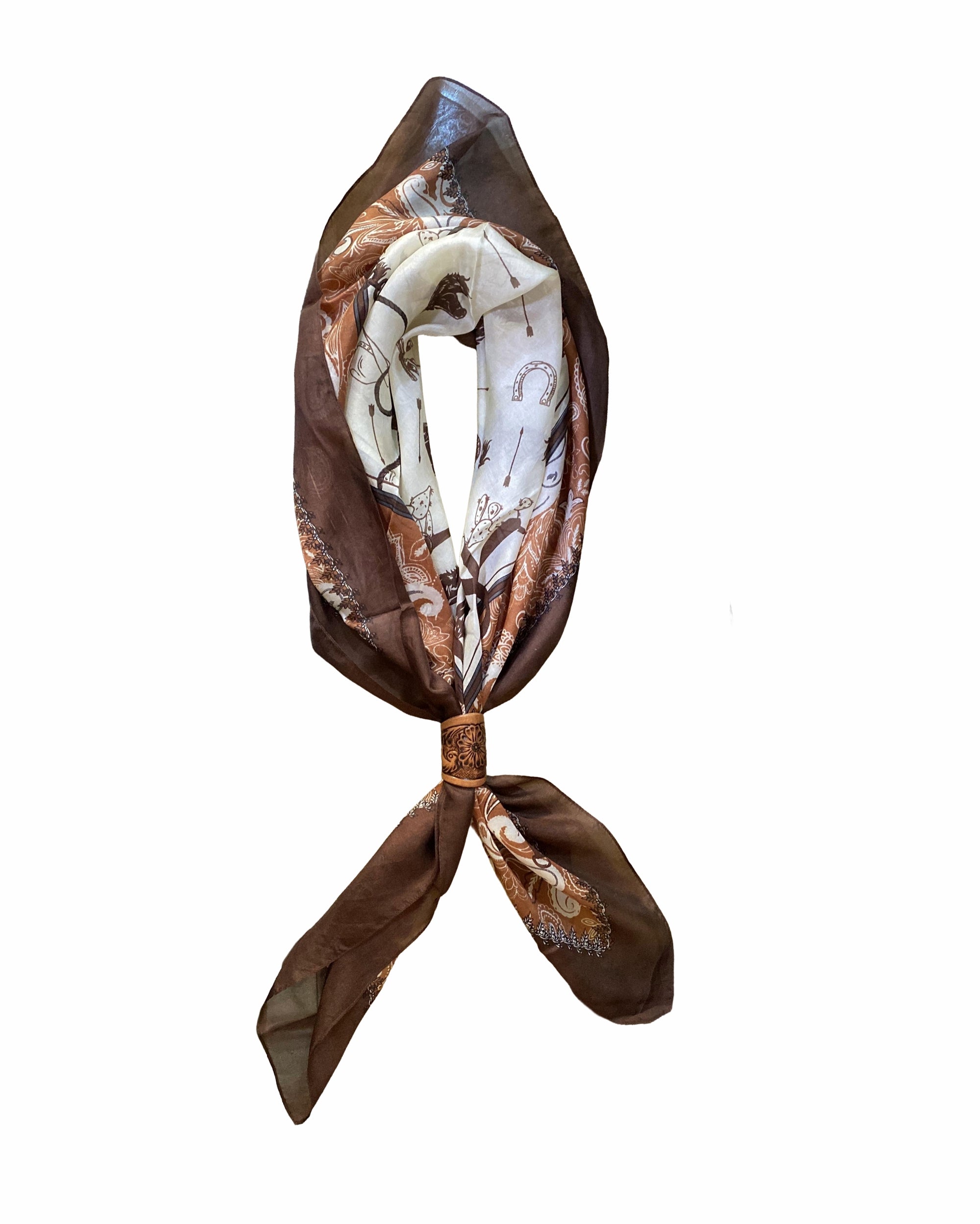 Loyal West Daylight'S Ballet Silk Scarves With Handtooled Leather Slider - Bone & Saddle - Myra USA