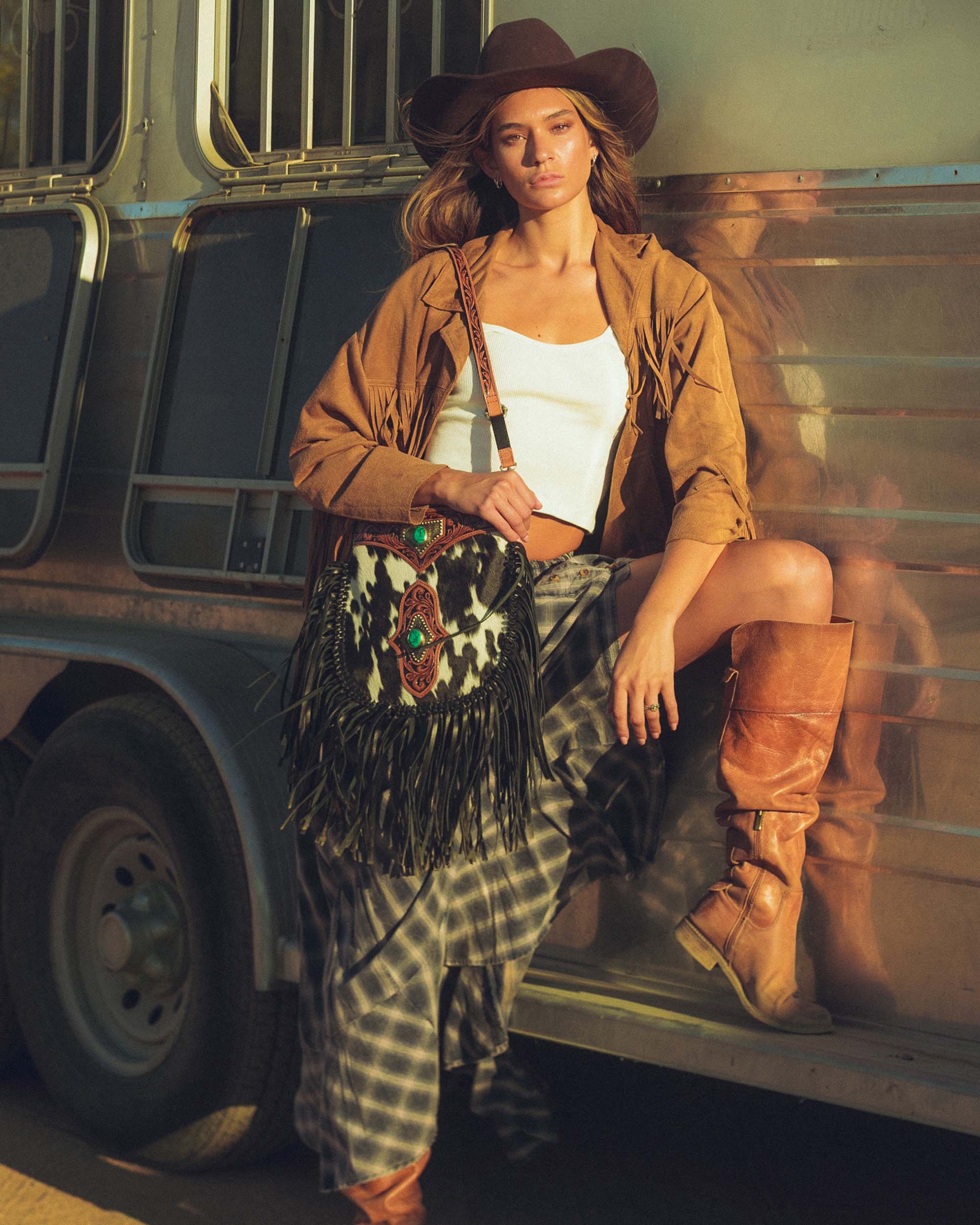 Loyal West Mojave Tassle Bag - Black & White Cowhide - Myra USA