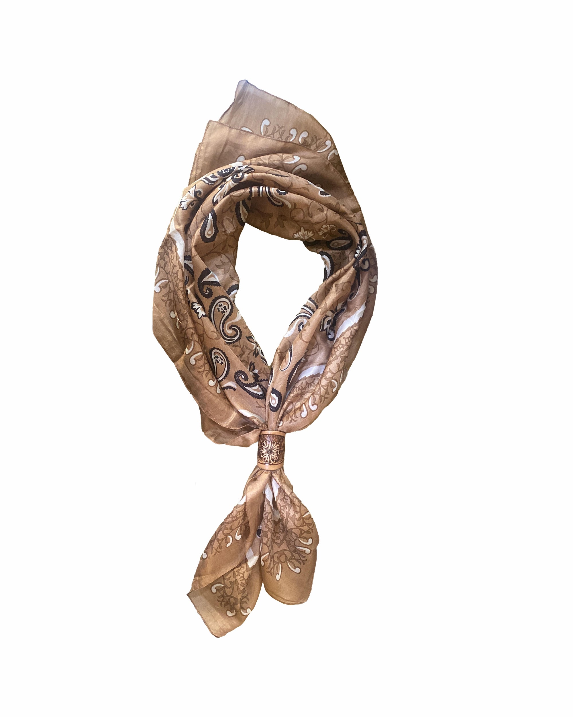 Loyal West Bandana Canyon Silk Scarves With Handtooled Leather Slider - Saddle Brown - Myra USA