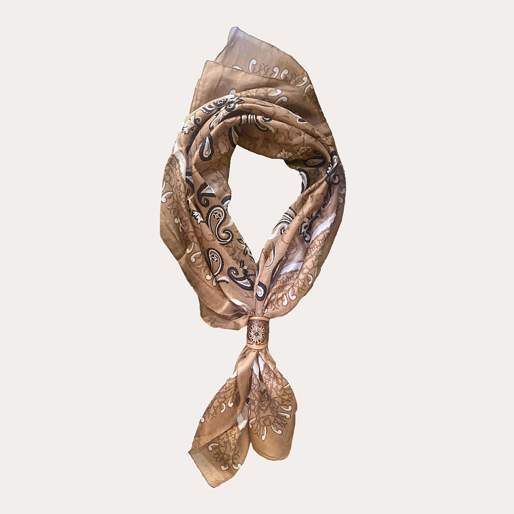 Loyal West Bandana Canyon Silk Scarves With Handtooled Leather Slider - Saddle Brown - Myra USA