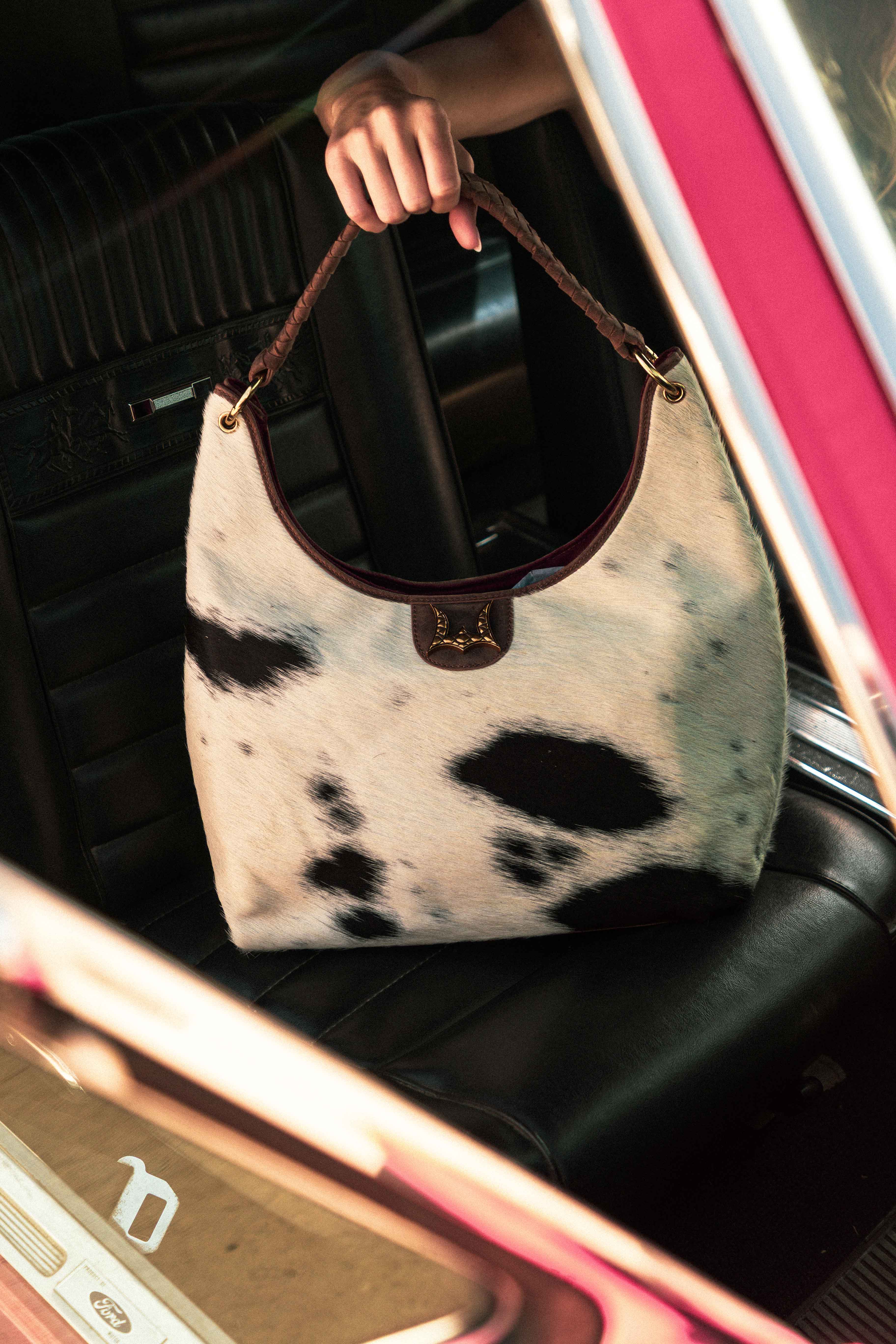 LW Large Purse - Black & White Cowhide With Oiled Ruby Leather - Myra USA