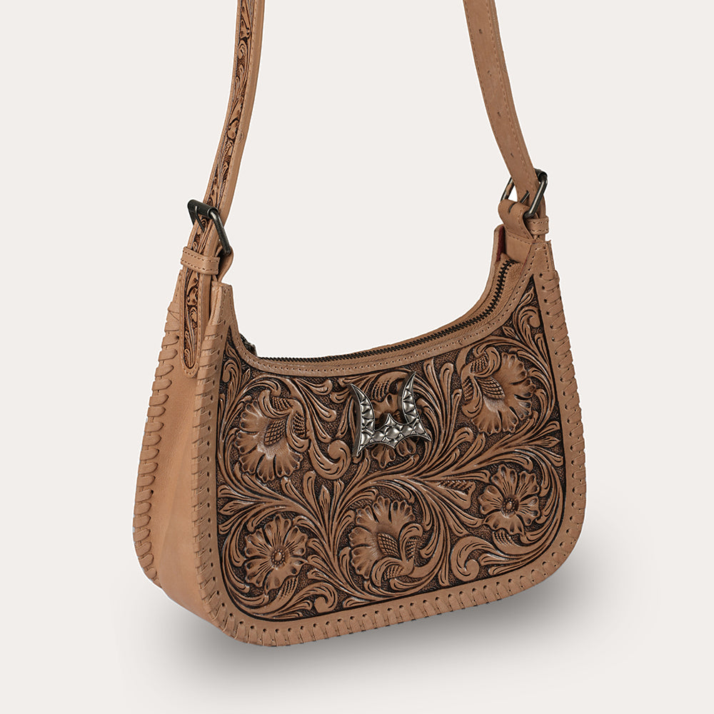 Handtooled Dannia Large Purse - Saddle Brown - Myra USA