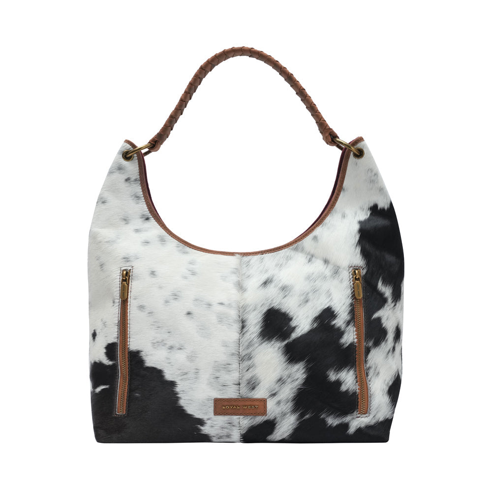 LW LARGE PURSE - BLACK & WHITE COWHIDE WITH BROWN LEATHER - Myra USA
