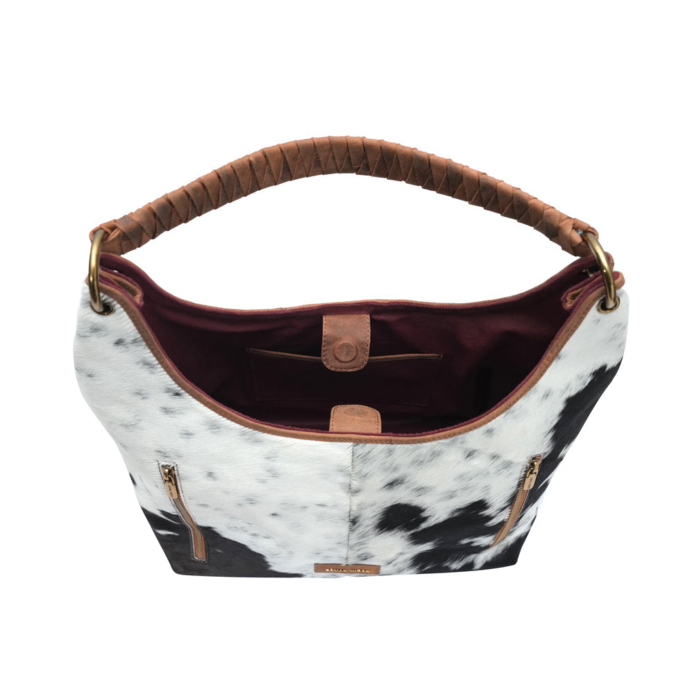 LW LARGE PURSE - BLACK & WHITE COWHIDE WITH BROWN LEATHER - Myra USA