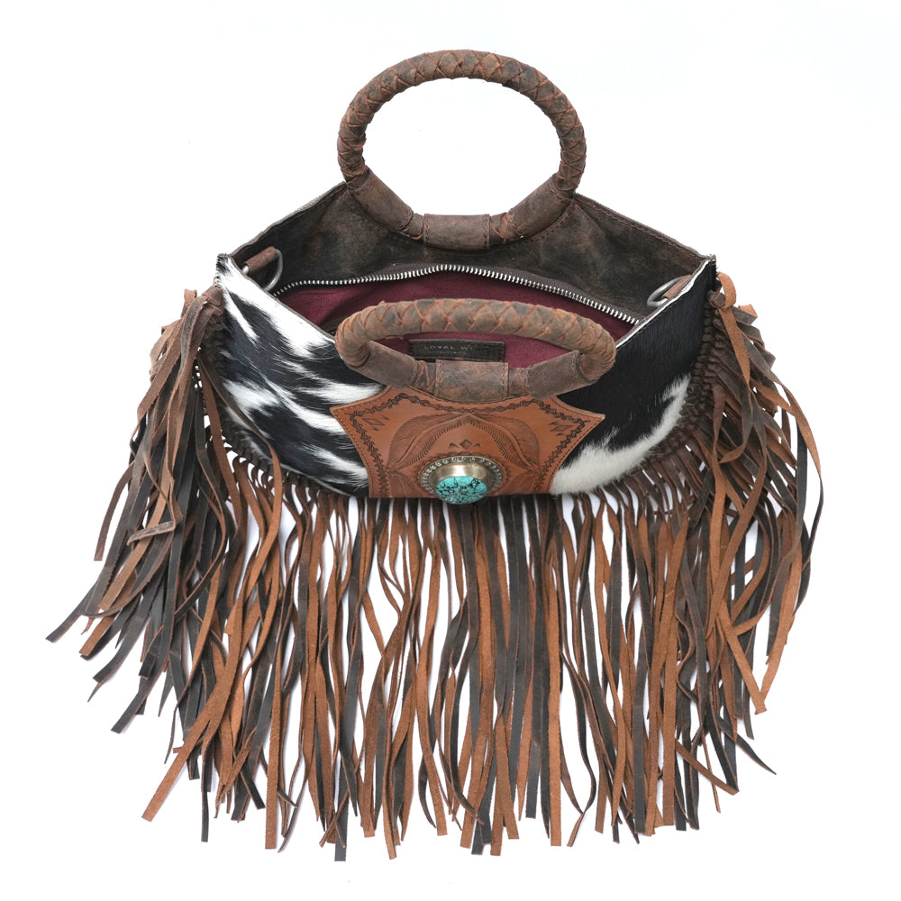 SEDONA TASSLE SHOULDER BAG - BLACK & WHITE COWHIDE - Myra USA