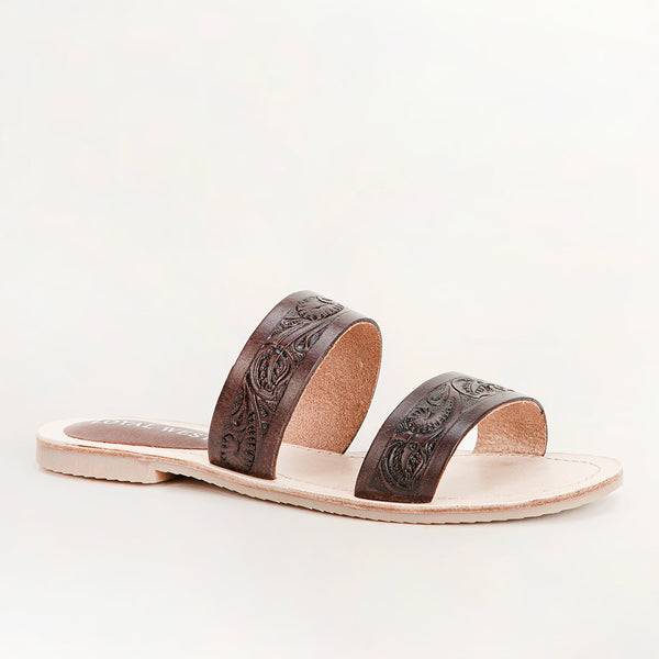 Loyal West Mesa Wanderer Sandals - Black Handtooled Leather - Myra USA