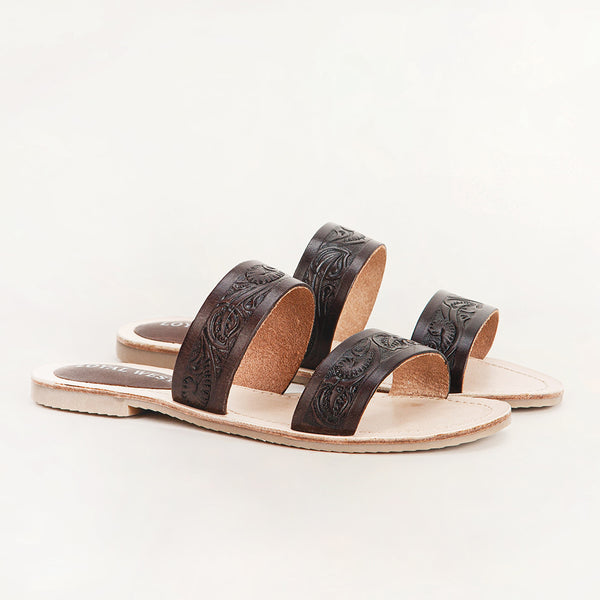 Loyal West Mesa Wanderer Sandals - Black Handtooled Leather - Myra USA