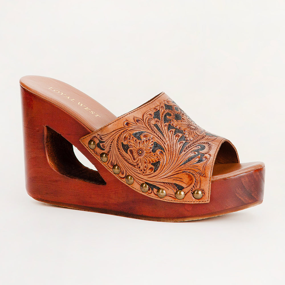 Loyal West Desert Wanderer Sandals - Dark Brown Handtooled Leather