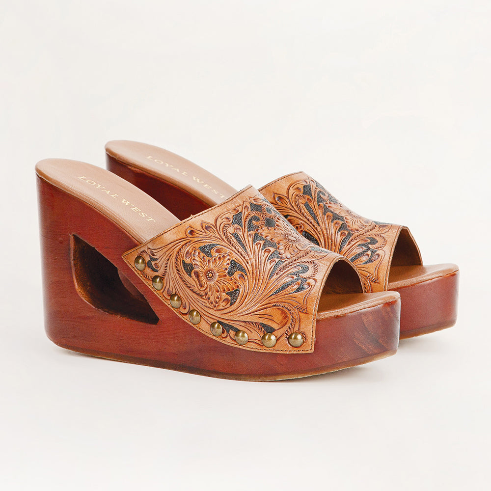 Loyal West Desert Wanderer Sandals - Dark Brown Handtooled Leather