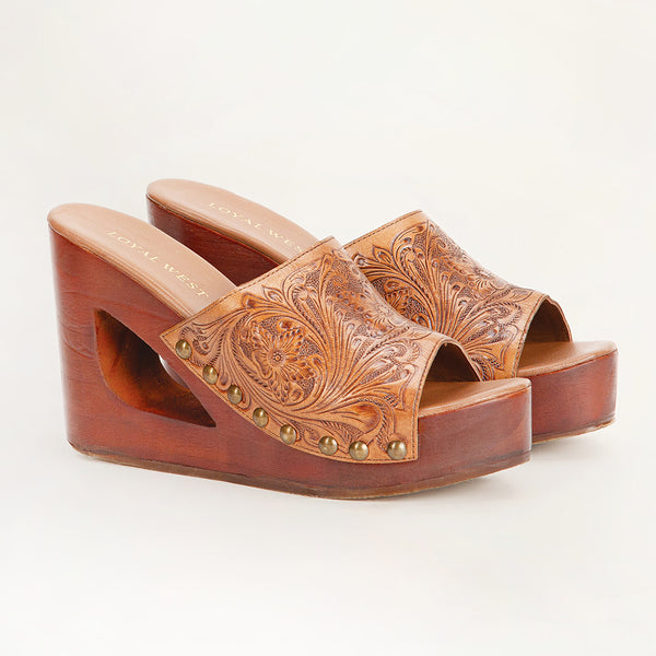 Loyal West Desert Wanderer Sandals - Light Brown Handtooled Leather - Myra USA