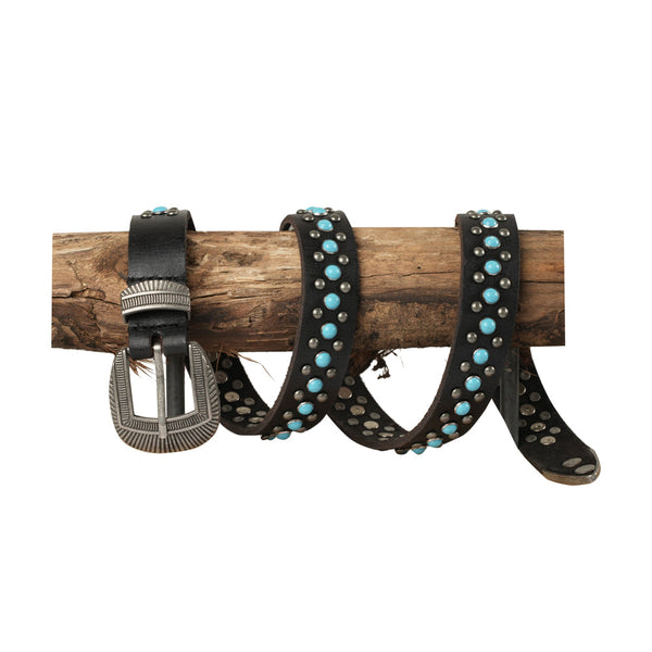 Midnight Ranger Western Leather Belt - Calfskin with Turquoise Stones - Myra USA