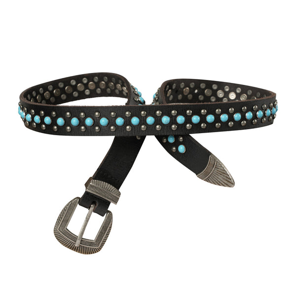 Midnight Ranger Western Leather Belt - Calfskin with Turquoise Stones - Myra USA