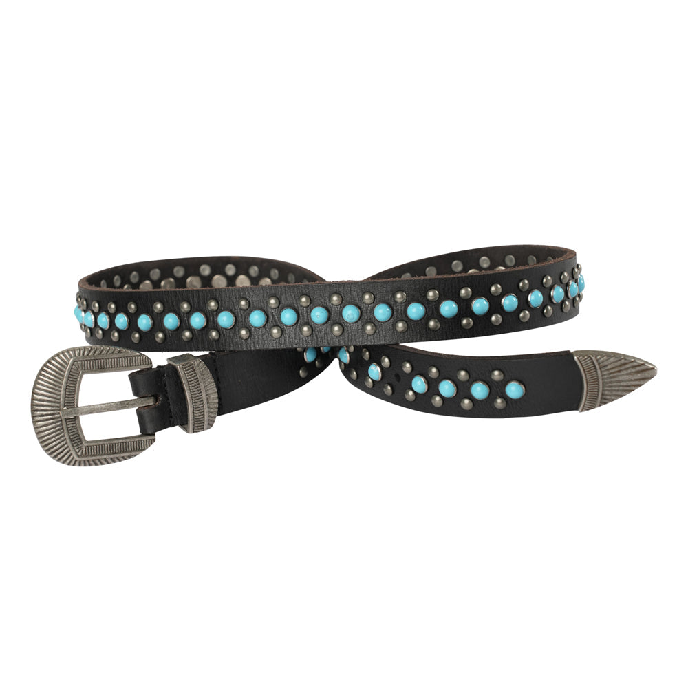 Midnight Ranger Western Leather Belt - Calfskin with Turquoise Stones - Myra USA