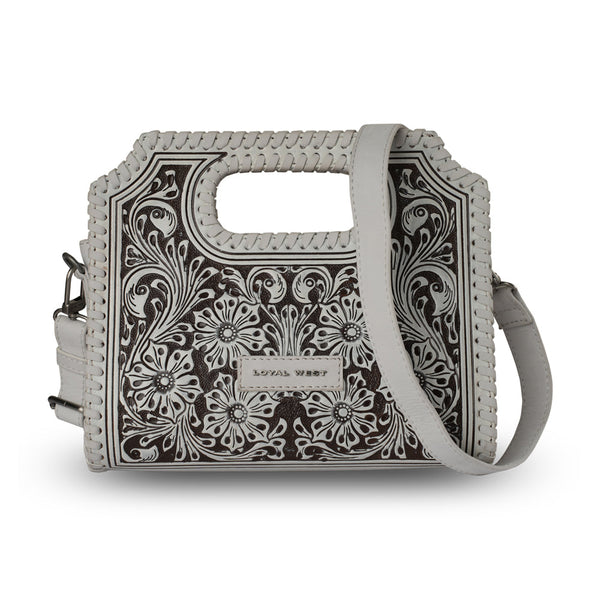 Handtooled Alma Medium Handbag - Ivory Dust - Myra USA