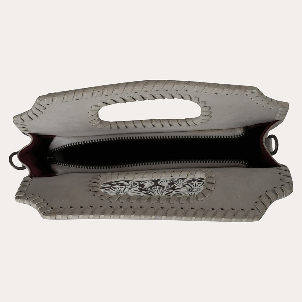 Handtooled Alma Medium Handbag - Ivory Dust - Myra USA