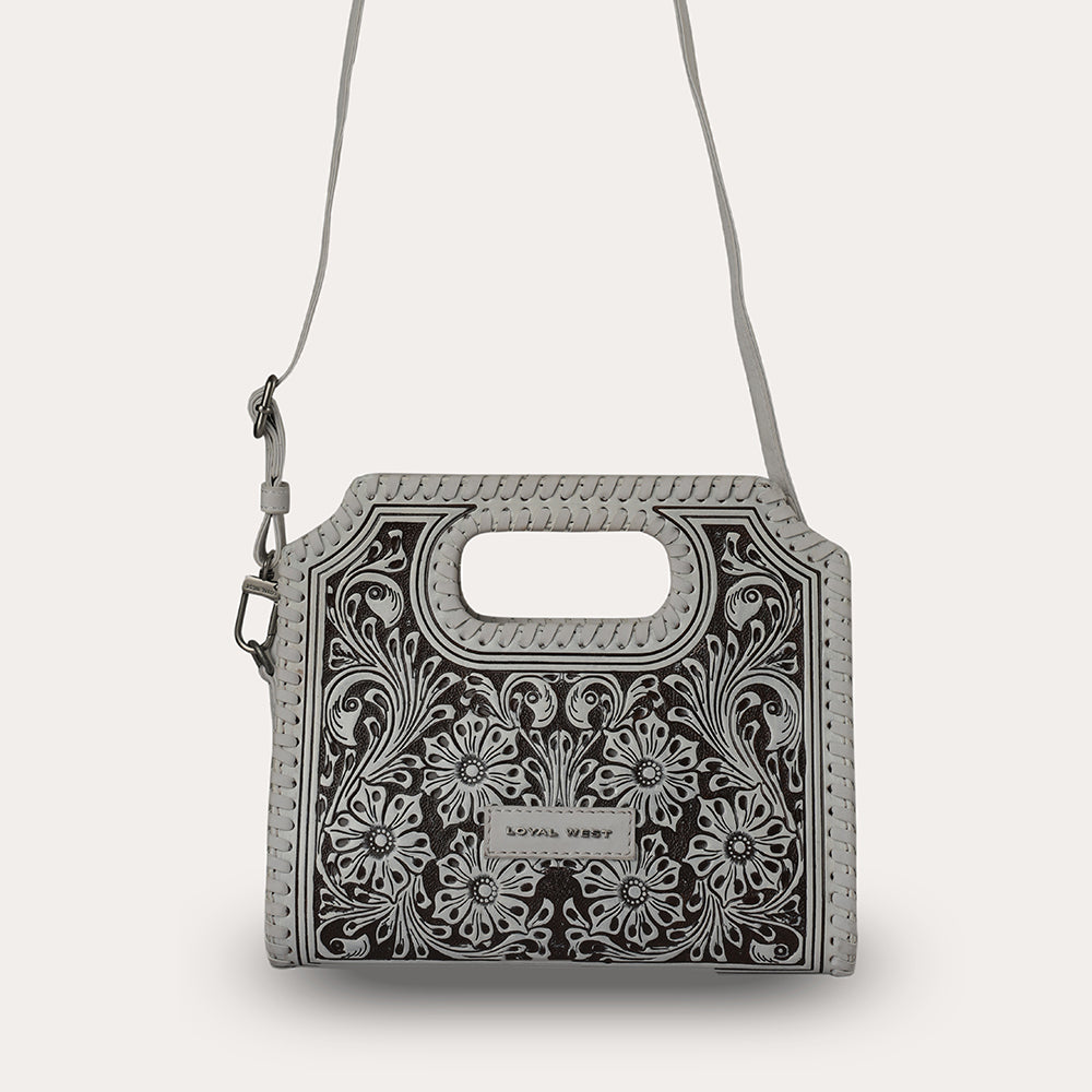 Handtooled Alma Medium Handbag - Ivory Dust - Myra USA