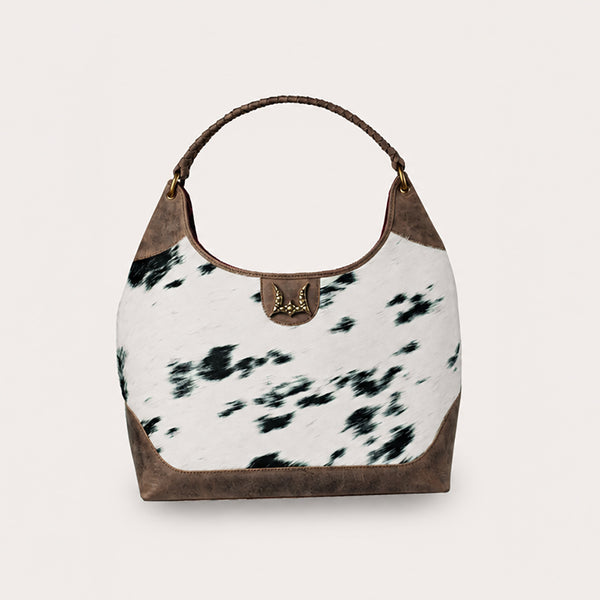 LW Large Purse - Black & White Cowhide with Oiled Brown Leather - Myra USA