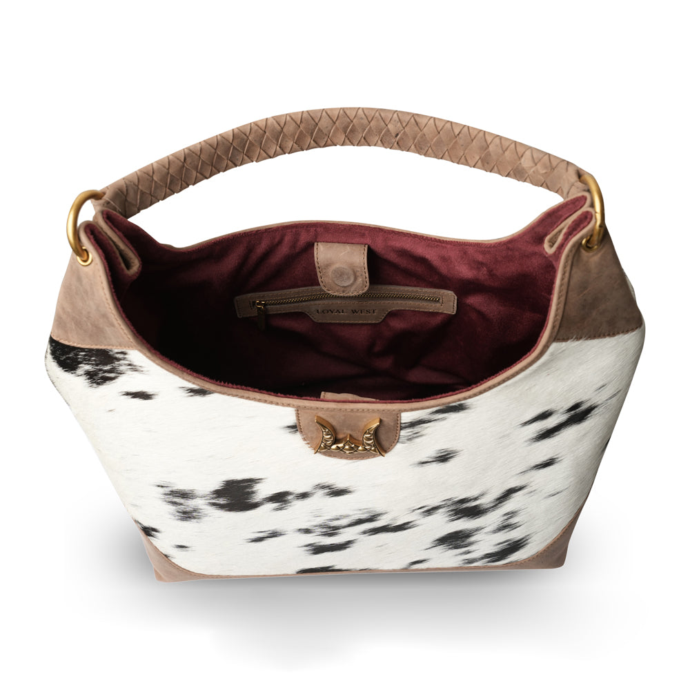 LW Large Purse - Black & White Cowhide with Oiled Brown Leather - Myra USA