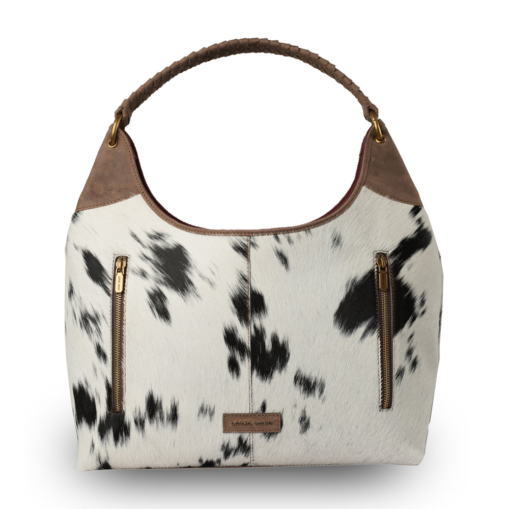 LW Large Purse - Black & White Cowhide with Oiled Brown Leather - Myra USA