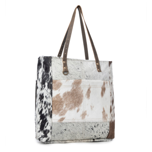 Myra Mesa Trail Patchwork Hairon Tote Bag for Women Rustic Cowhide Design, Brown Leather Handles for Everyday Utility - Myra USA