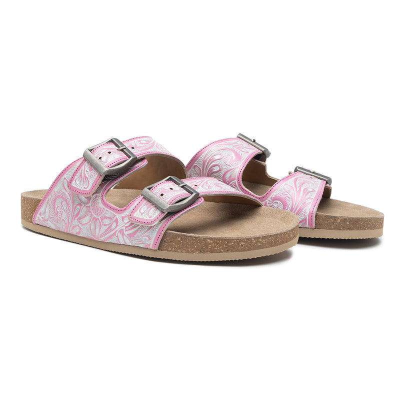 Handtooled cowgirl sandals in pink color for women