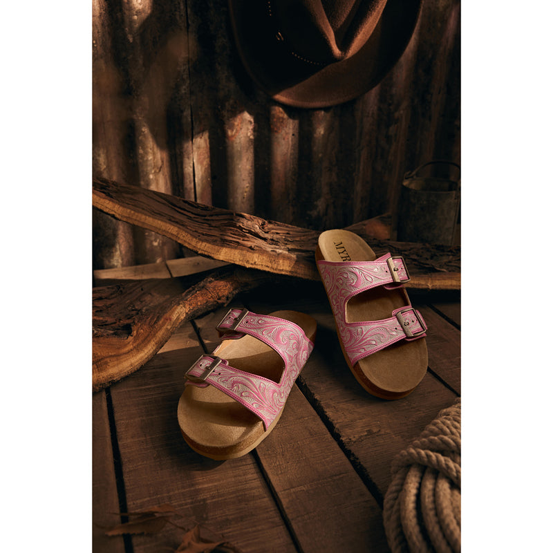 Handtooled cowgirl sandals in pink color for women