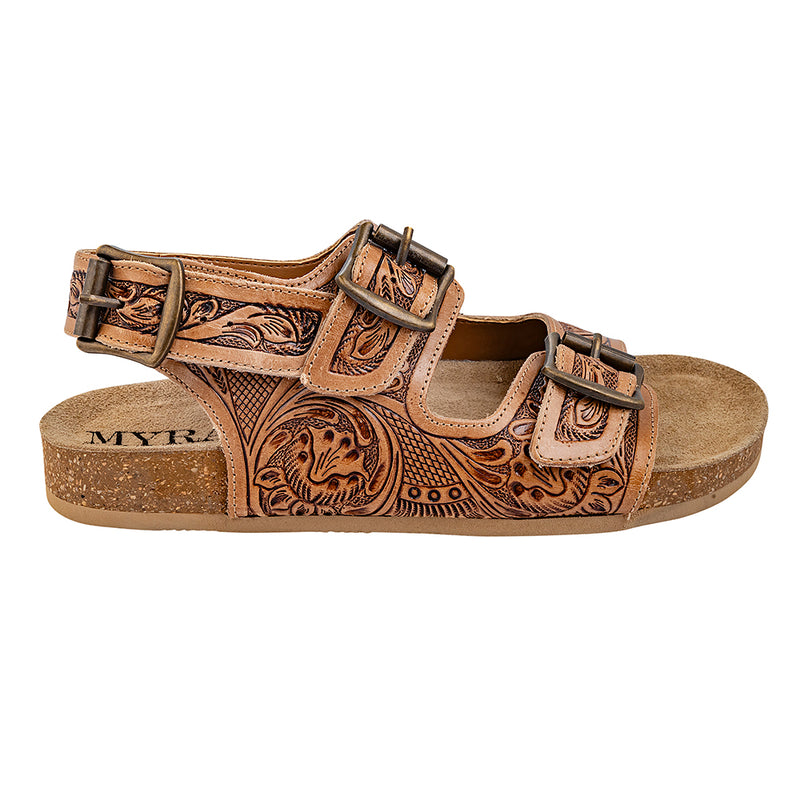 Brown Handtooled Cowgirl Sandals with floral pattern embossed into the straps with adjustable buckles