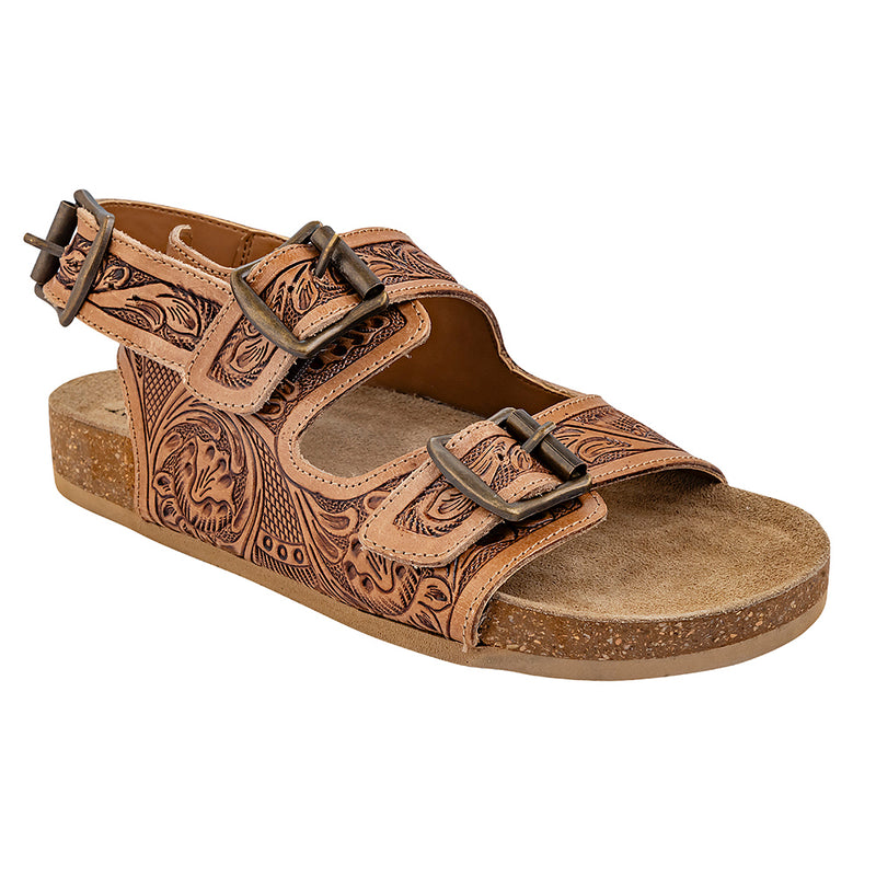 Brown Handtooled Cowgirl Sandals with floral pattern embossed into the straps with adjustable buckles