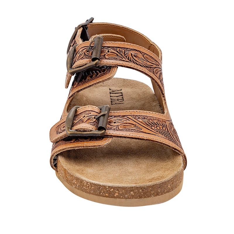 Brown Handtooled Cowgirl Sandals with floral pattern embossed into the straps with adjustable buckles