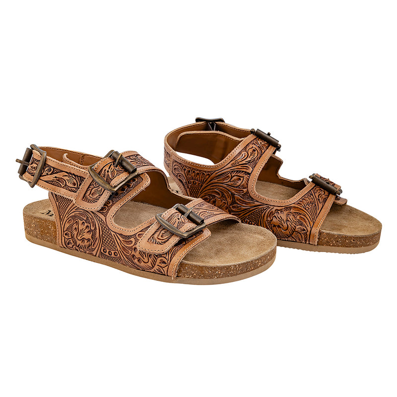 Brown Handtooled Cowgirl Sandals with floral pattern embossed into the straps with adjustable buckles