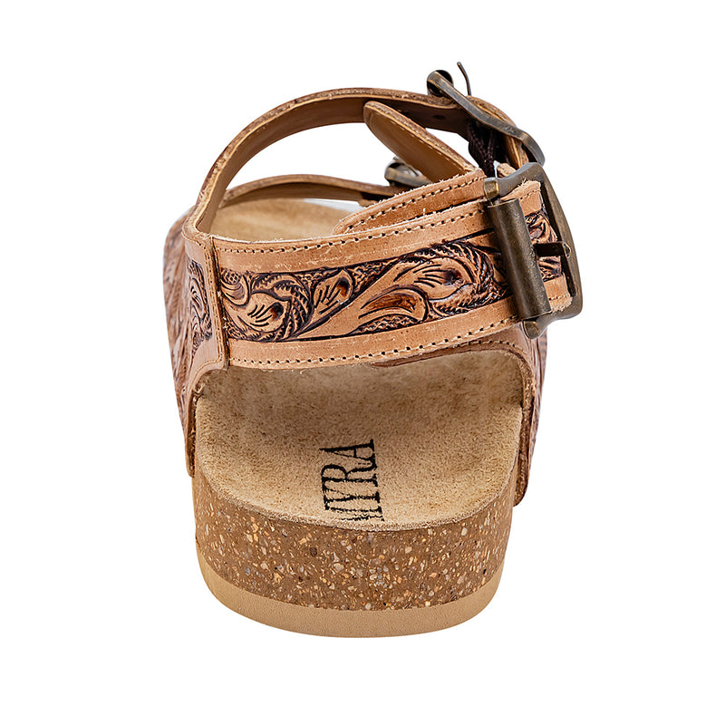 Brown Handtooled Cowgirl Sandals with floral pattern embossed into the straps with adjustable buckles