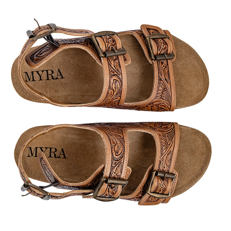 Brown Handtooled Cowgirl Sandals with floral pattern embossed into the straps with adjustable buckles