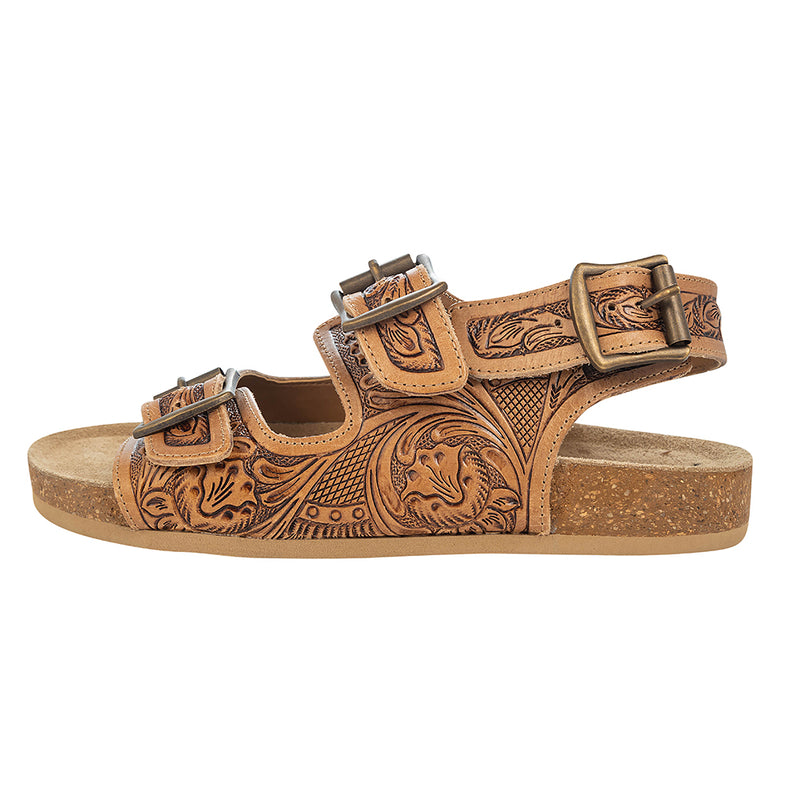 Brown Handtooled Cowgirl Sandals with floral pattern embossed into the straps with adjustable buckles