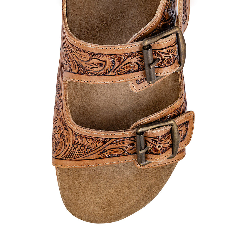 Brown Handtooled Cowgirl Sandals with floral pattern embossed into the straps with adjustable buckles