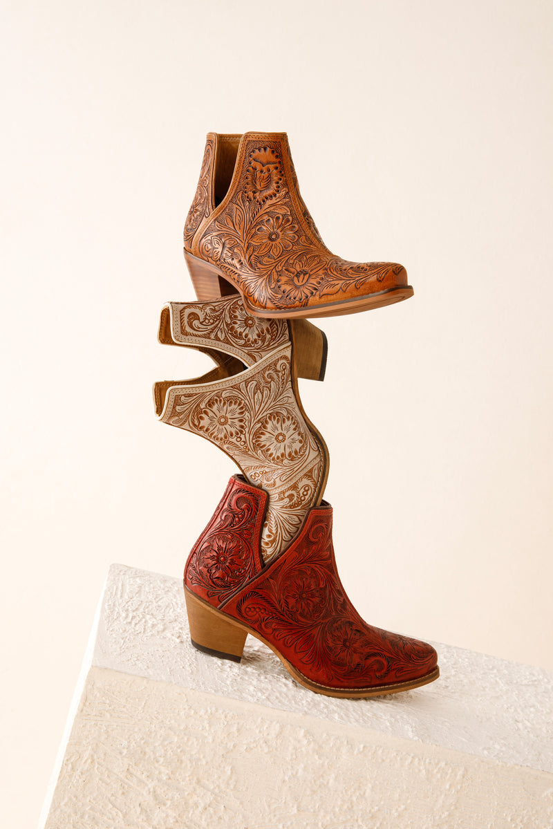 Dakota Charm Hand-tooled Booties in Caramel