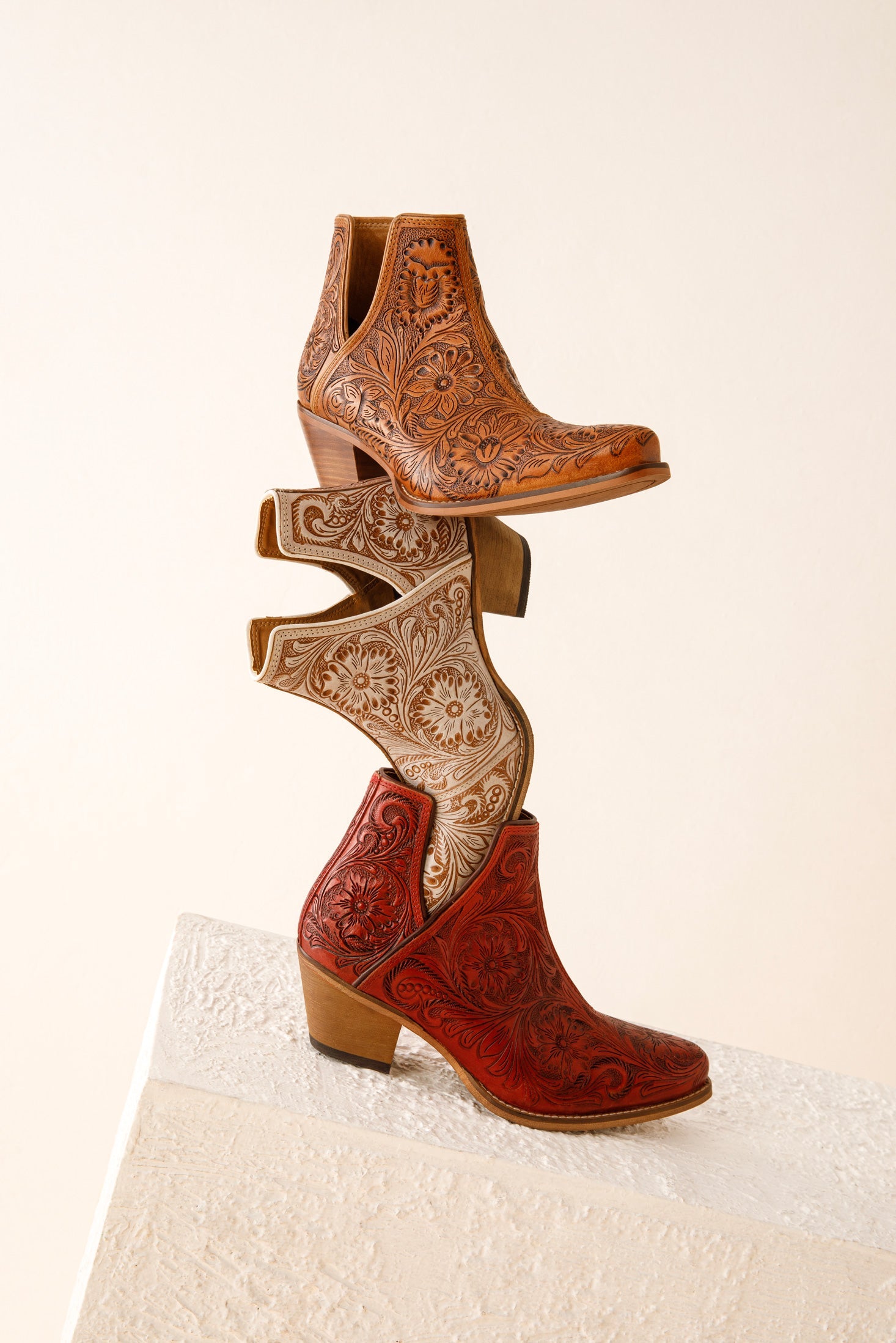 Dakota Charm Hand-tooled Booties in Caramel - Myra USA