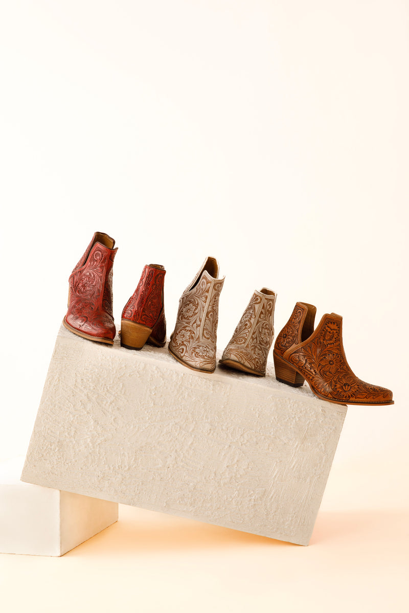 Dakota Charm Hand-tooled Booties in Caramel