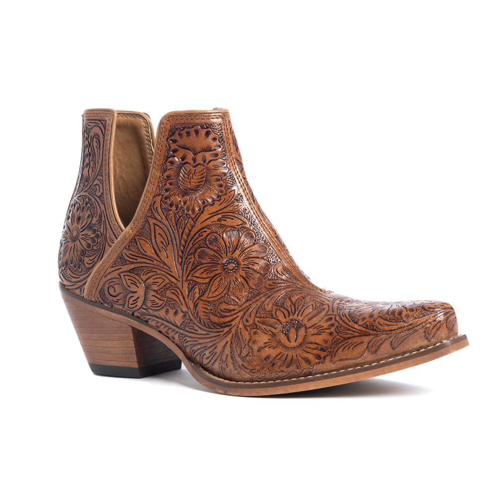 Dakota Charm Hand-tooled Booties in Caramel - Myra USA