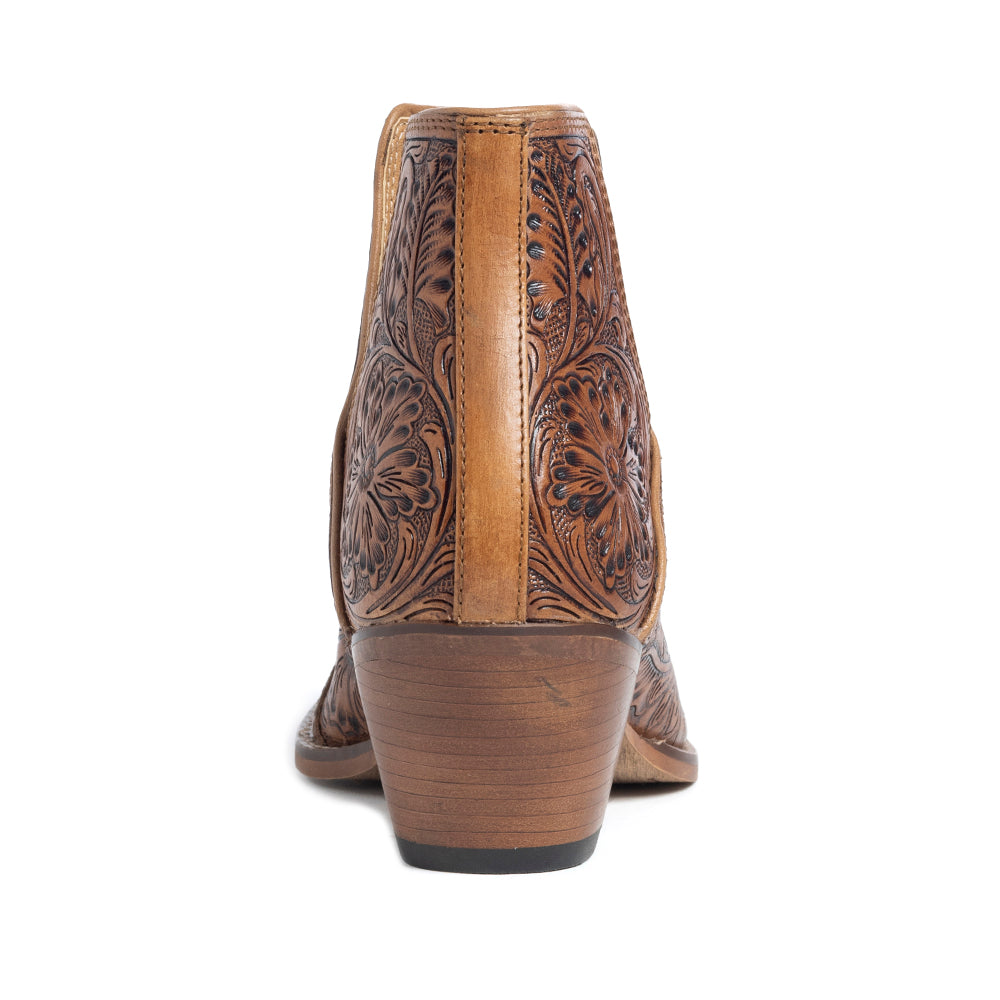 Dakota Charm Hand-tooled Booties in Caramel - Myra USA