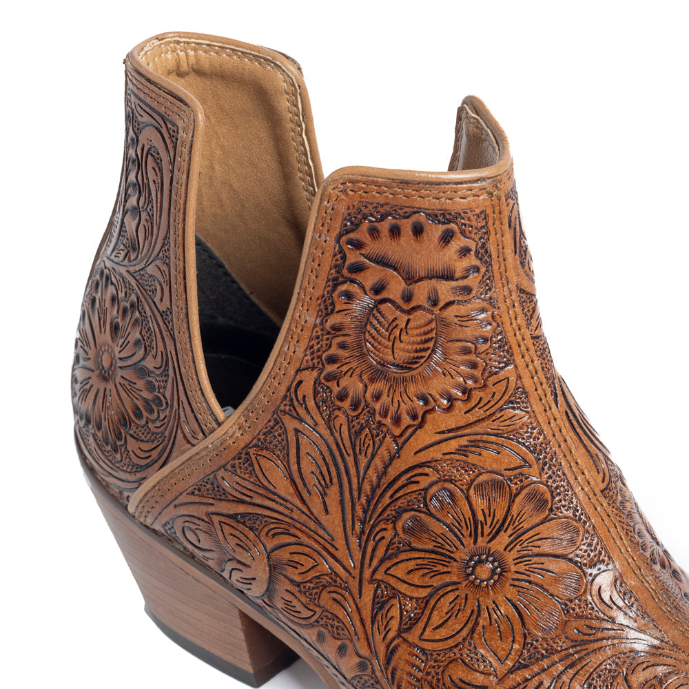 Dakota Charm Hand-tooled Booties in Caramel - Myra USA