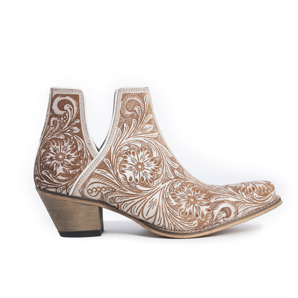 Western Moxie Hand-tooled Booties in White Chocolate