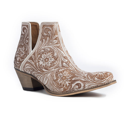 Western Moxie Hand-tooled Booties in White Chocolate - Myra USA