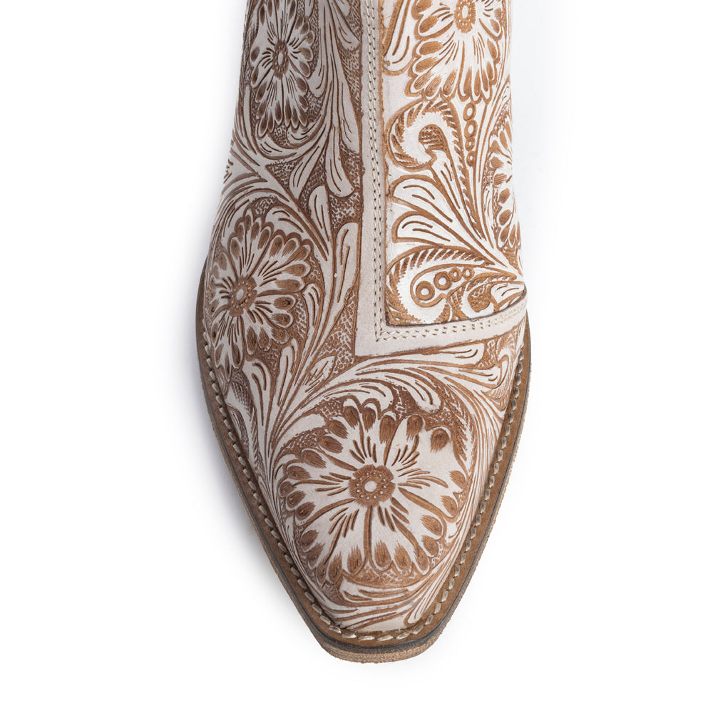 Western Moxie Hand-tooled Booties in White Chocolate - Myra USA