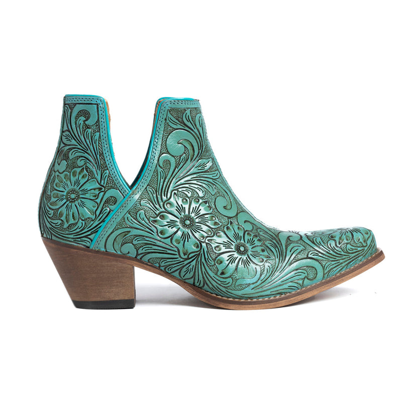 Mayra's hand-tooled western booties in turquoise color with a medium-height heel.