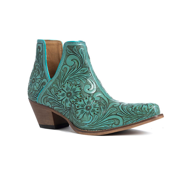 Mayra's hand-tooled western booties in turquoise color with a medium-height heel.