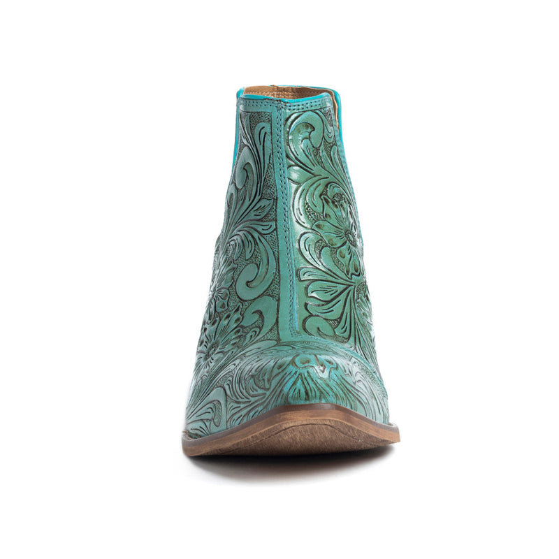 Mayra's hand-tooled western booties in turquoise color with a medium-height heel.