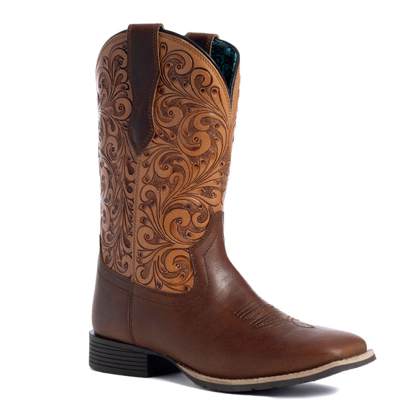 Hand-tooled cowgirl boots in brown colour and embroided design