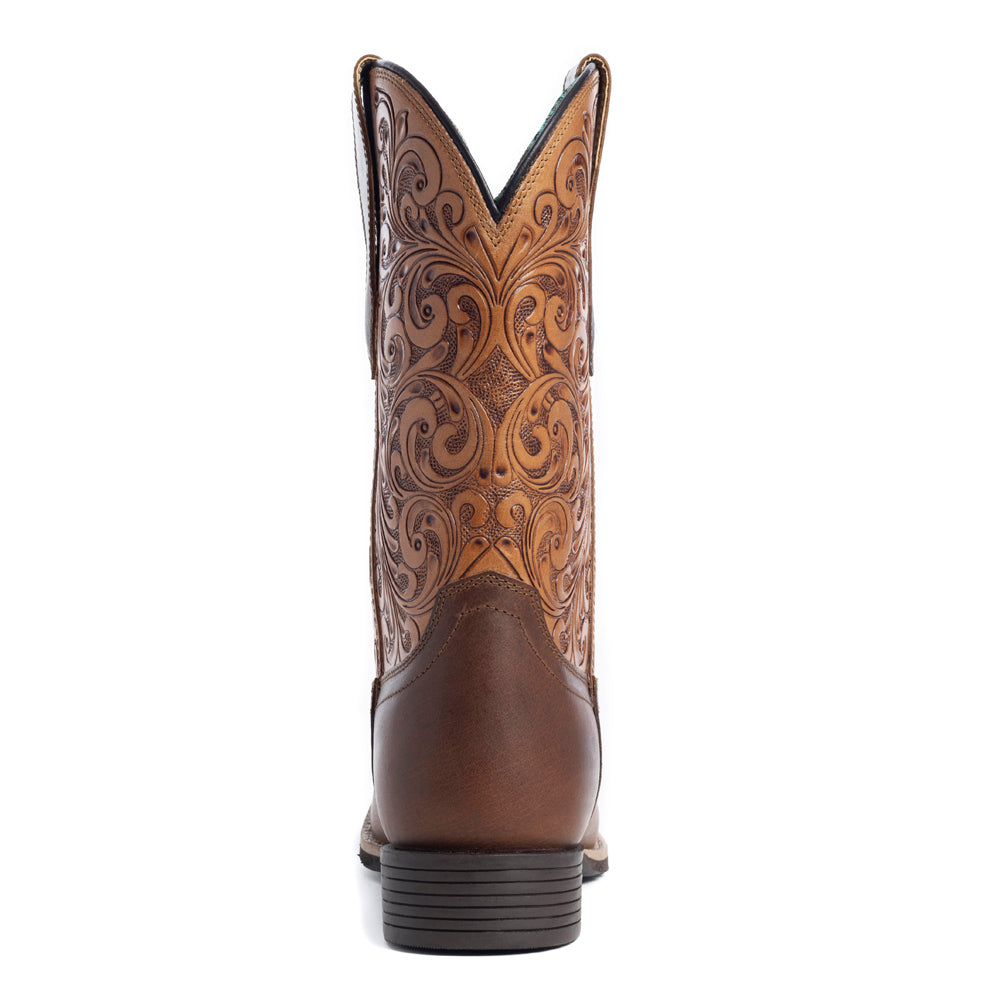 Hand-tooled cowgirl boots in brown colour and embroided design